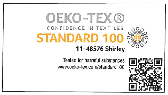 OEKO-TEX STANDARD 100 certified mark, certificate 11-48576 Shirley